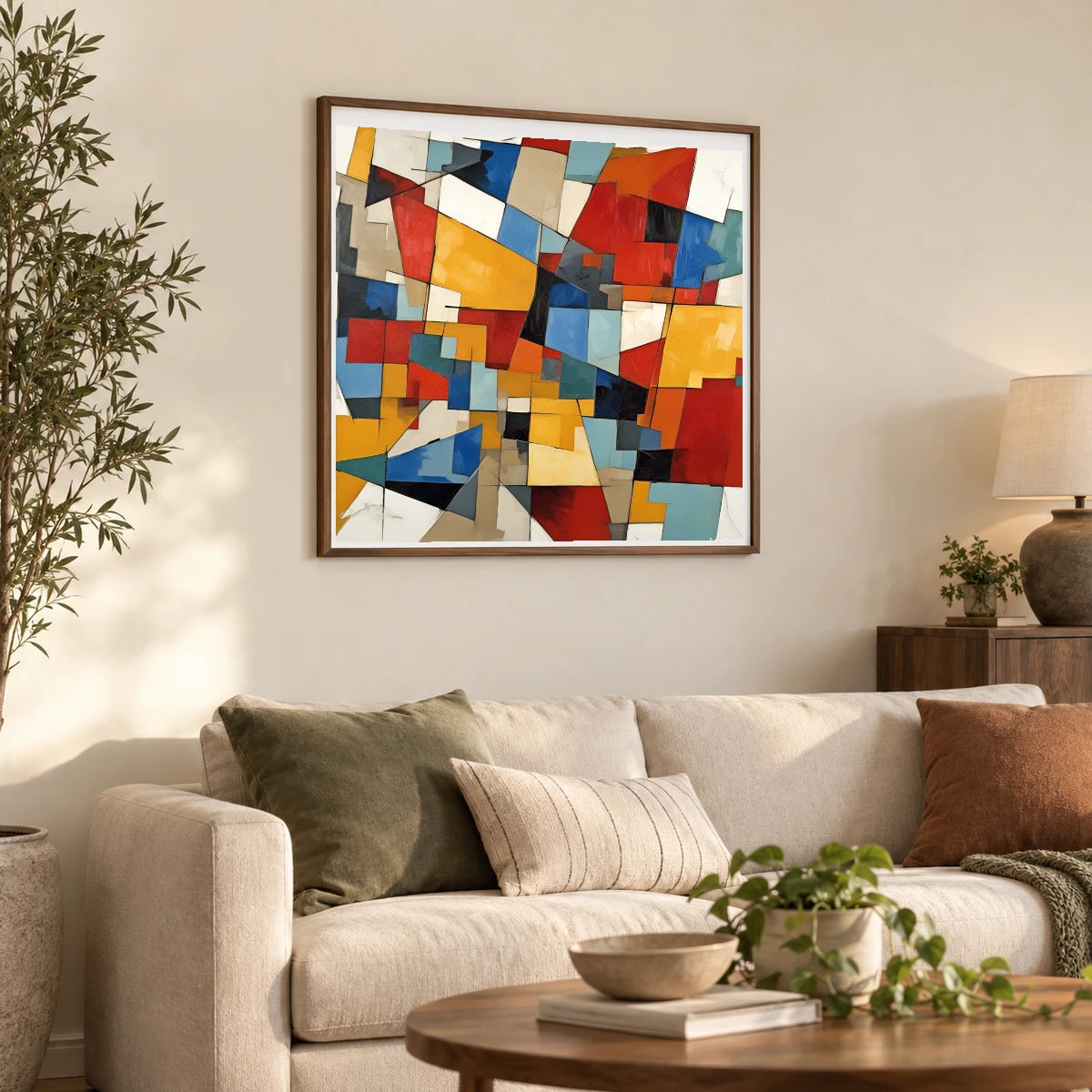 Fractured Symmetry Geometric Abstract Painting Featuring Fragmented III shown in a styled interior