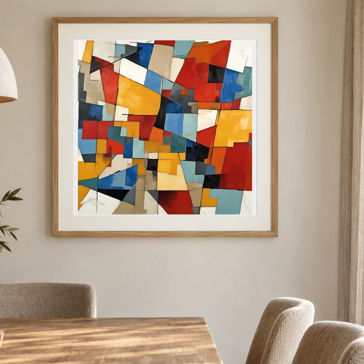 Fractured Symmetry Geometric Abstract Painting Featuring Fragmented III shown in a styled interior