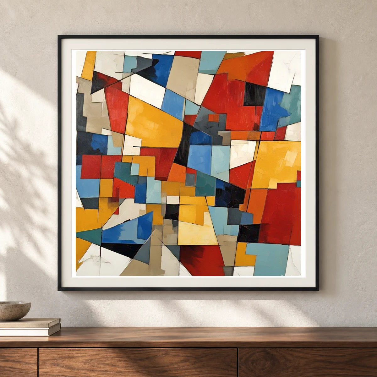 Fractured Symmetry Geometric Abstract Painting Featuring Fragmented III shown in a styled interior