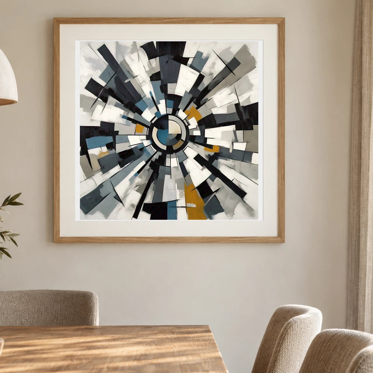 Fractured Symmetry Geometric Abstract Painting Featuring Fragmented IV shown in a styled interior