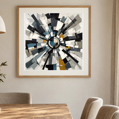 Fractured Symmetry Geometric Abstract Painting Featuring Fragmented IV shown in a styled interior
