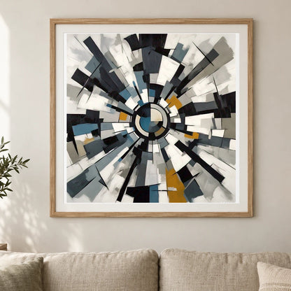 Fractured Symmetry Geometric Abstract Painting Featuring Fragmented IV shown in a styled interior