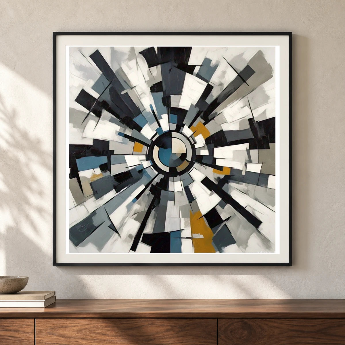 Fractured Symmetry Geometric Abstract Painting Featuring Fragmented IV shown in a styled interior