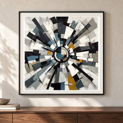 Fractured Symmetry Geometric Abstract Painting Featuring Fragmented IV shown in a styled interior