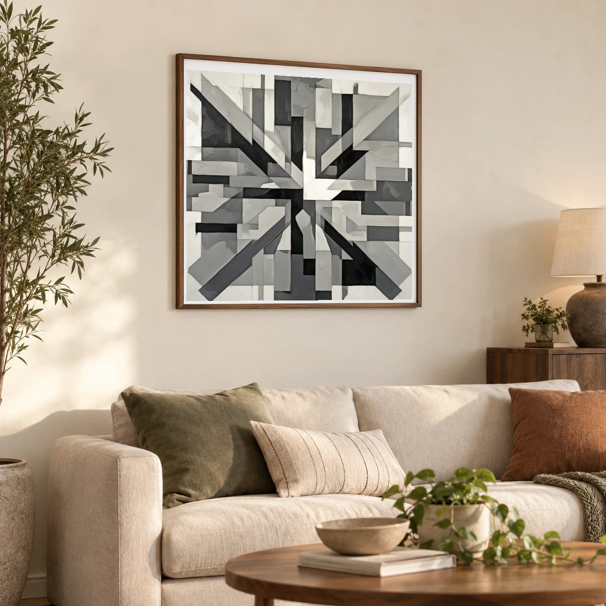 Fractured Symmetry Geometric Abstract Painting Featuring Fragmented V shown in a styled interior