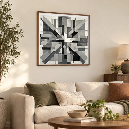 Fractured Symmetry Geometric Abstract Painting Featuring Fragmented V shown in a styled interior