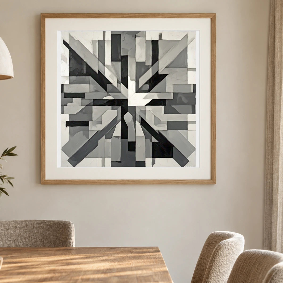 Fractured Symmetry Geometric Abstract Painting Featuring Fragmented V shown in a styled interior