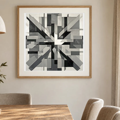 Fractured Symmetry Geometric Abstract Painting Featuring Fragmented V shown in a styled interior
