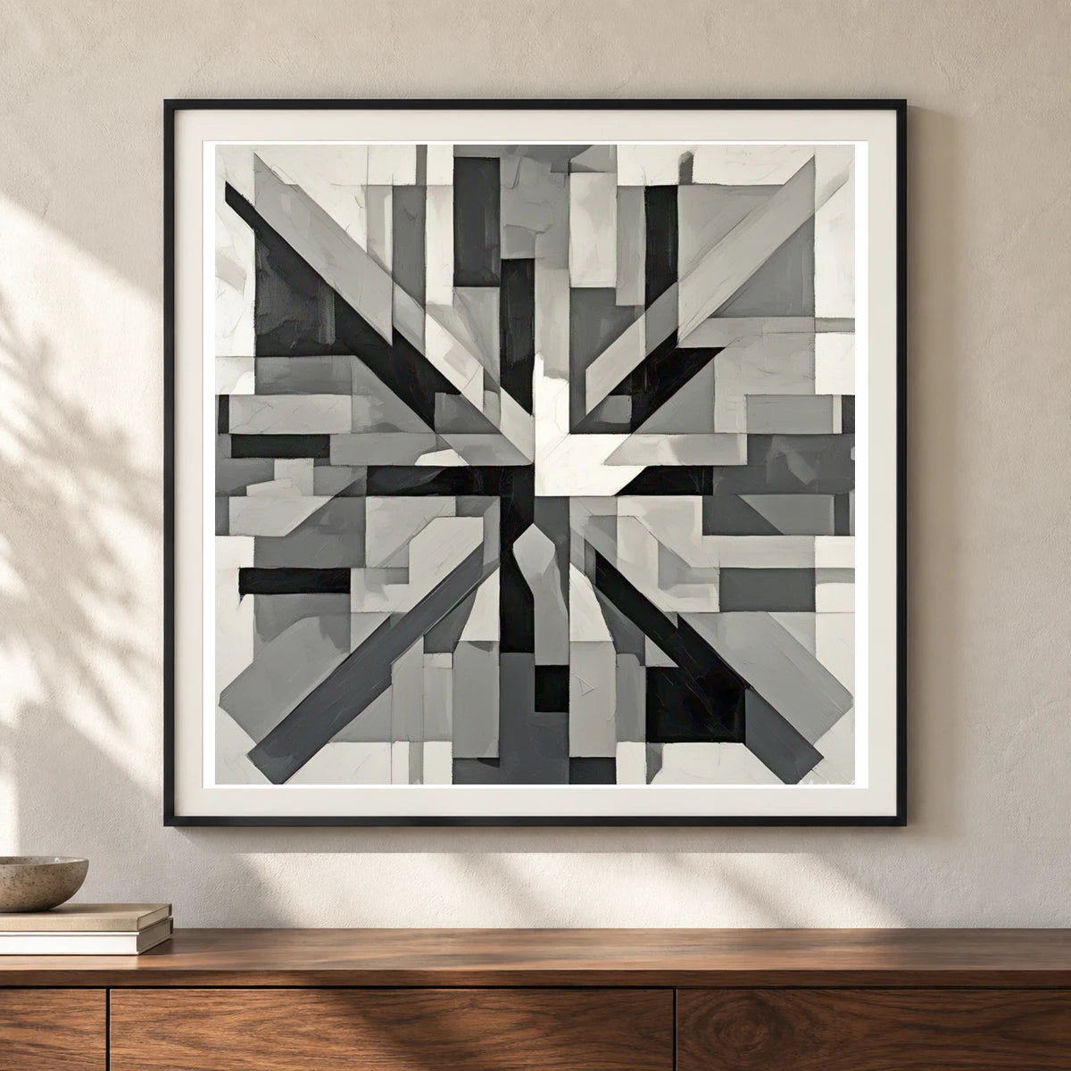 Fractured Symmetry Geometric Abstract Painting Featuring Fragmented V shown in a styled interior
