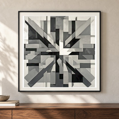 Fractured Symmetry Geometric Abstract Painting Featuring Fragmented V shown in a styled interior