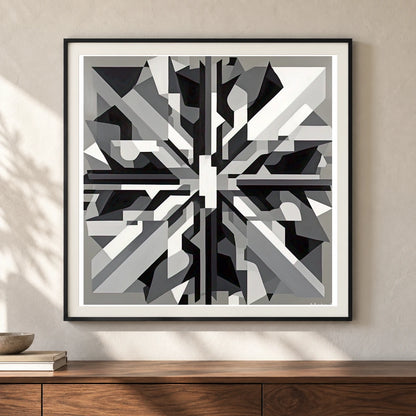 Fractured Symmetry Geometric Abstract Painting Featuring Fragmented VI shown in a styled interior