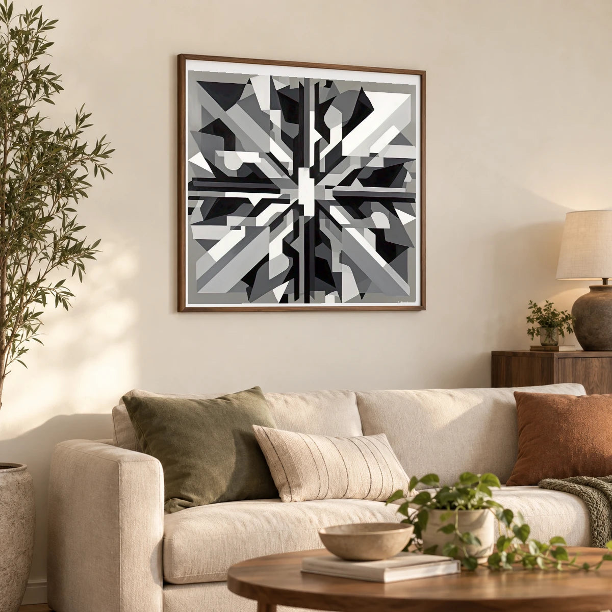 Fractured Symmetry Geometric Abstract Painting Featuring Fragmented VI shown in a styled interior