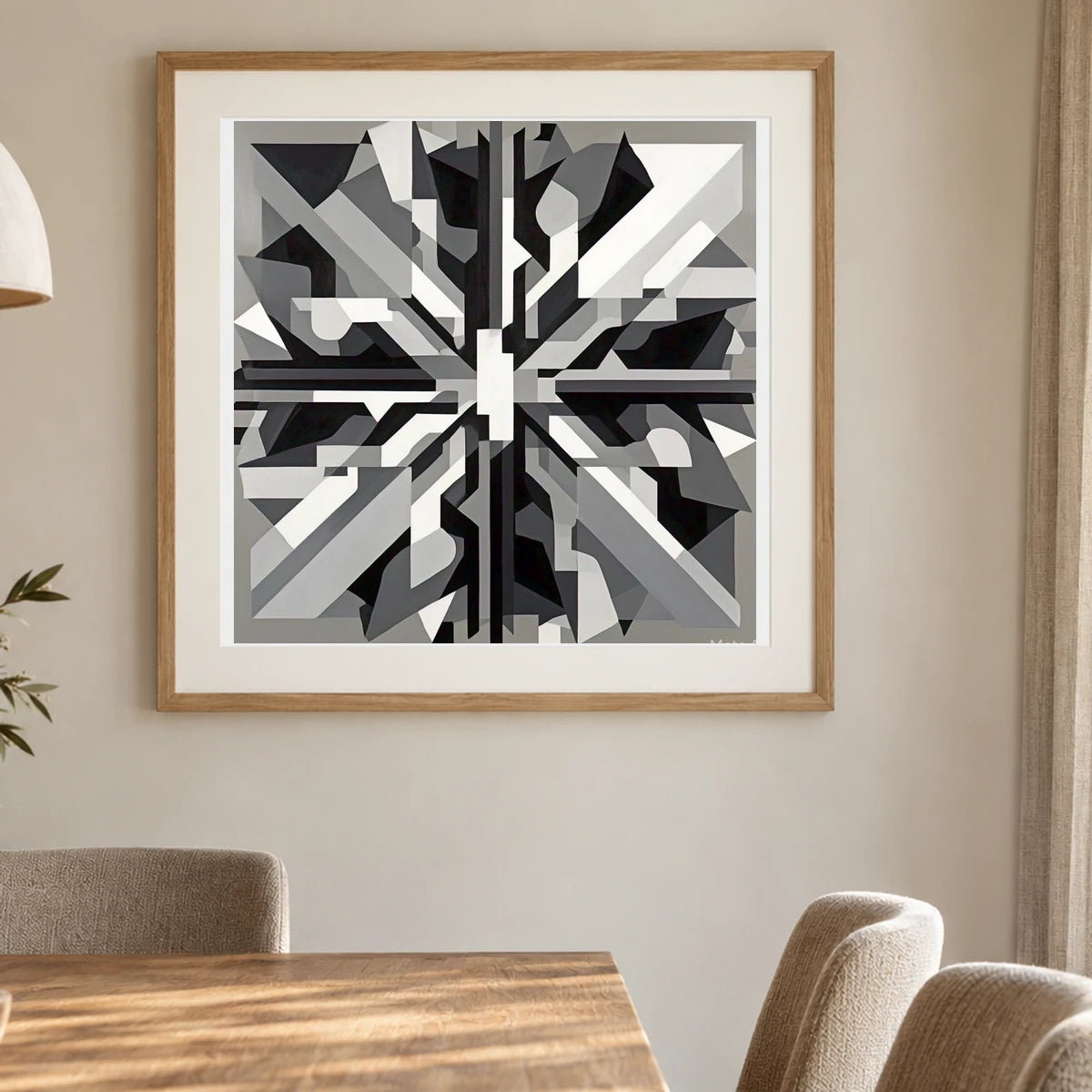 Fractured Symmetry Geometric Abstract Painting Featuring Fragmented VI shown in a styled interior