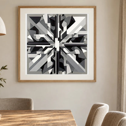 Fractured Symmetry Geometric Abstract Painting Featuring Fragmented VI shown in a styled interior