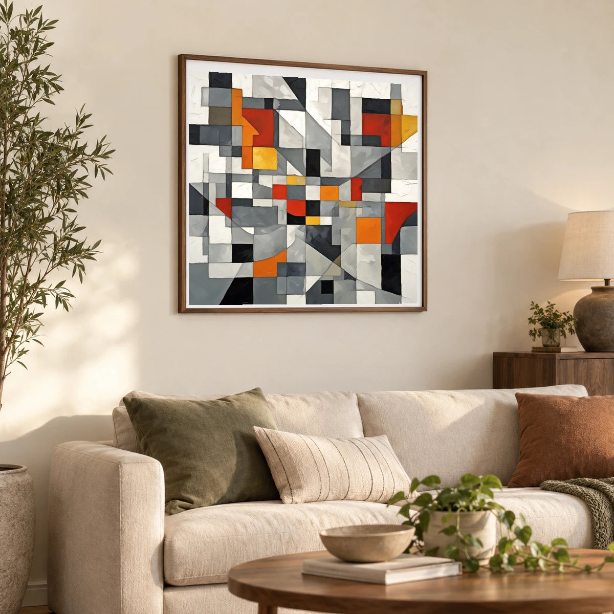Fractured Symmetry Geometric Abstract Painting Featuring Fragmented VII shown in a styled interior