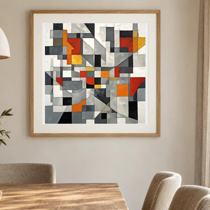 Fractured Symmetry Geometric Abstract Painting Featuring Fragmented VII shown in a styled interior