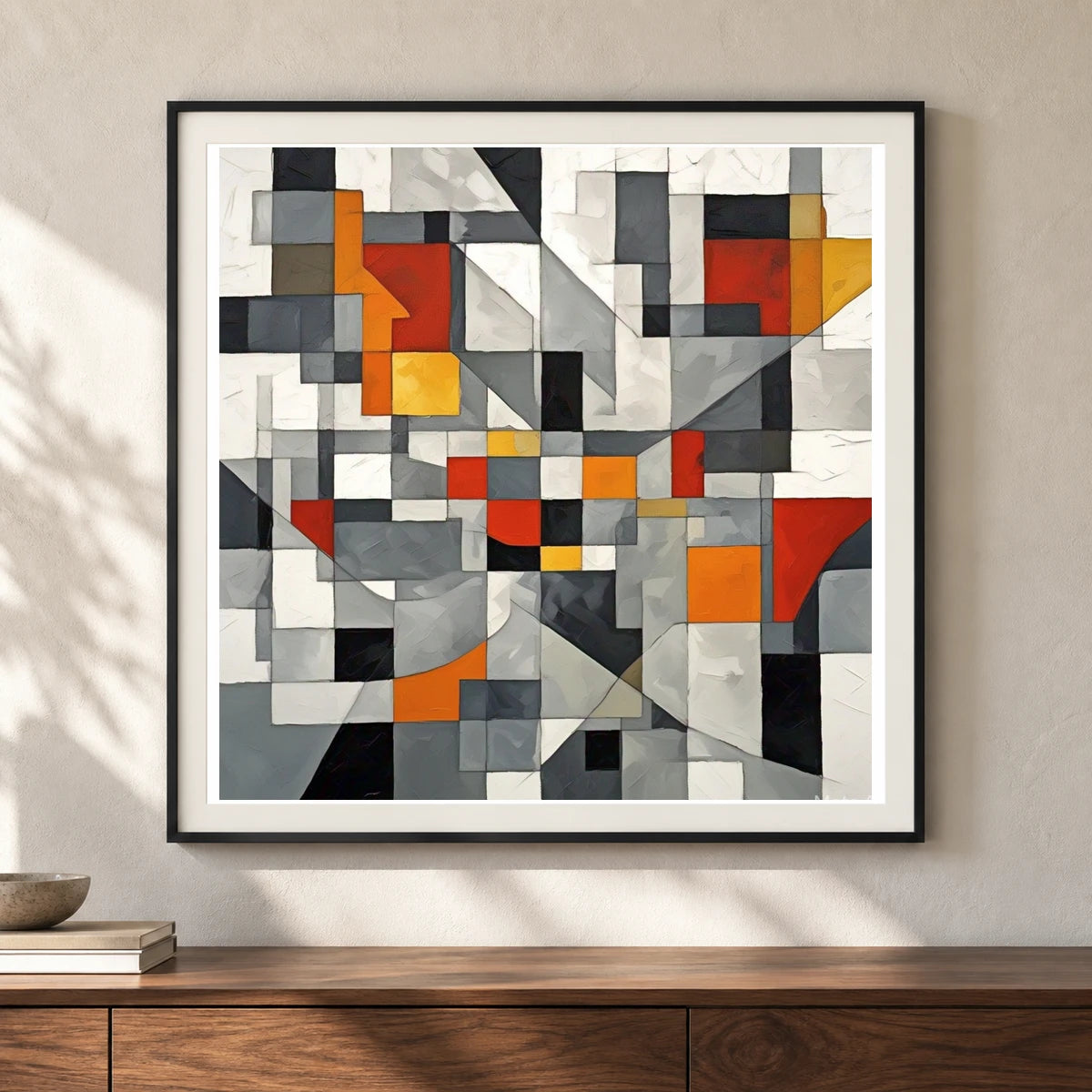 Fractured Symmetry Geometric Abstract Painting Featuring Fragmented VII shown in a styled interior