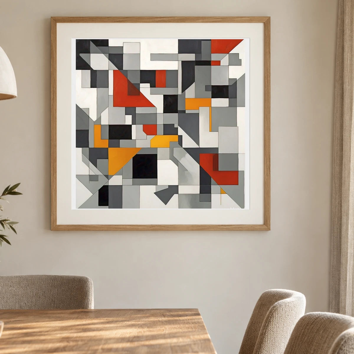 Fractured Symmetry Geometric Abstract Painting Featuring Fragmented VIII shown in a styled interior