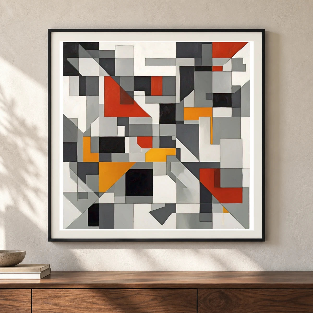 Fractured Symmetry Geometric Abstract Painting Featuring Fragmented VIII shown in a styled interior