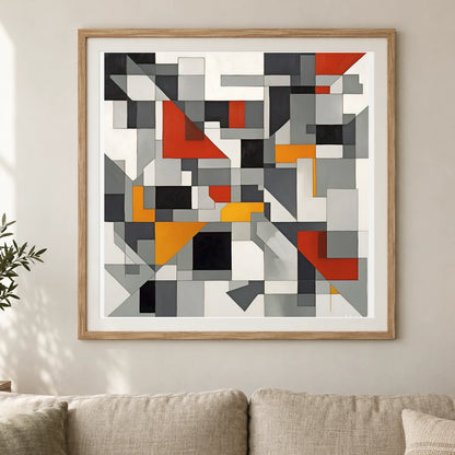 Fractured Symmetry Geometric Abstract Painting Featuring Fragmented VIII shown in a styled interior