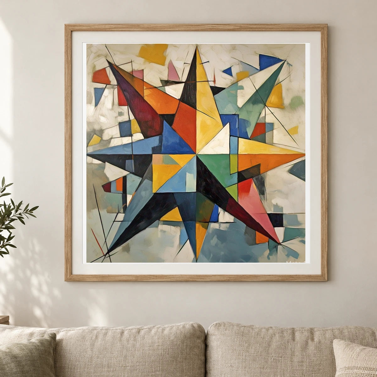 Fractured Symmetry Geometric Abstract Painting Featuring Fragmented IX shown in a styled interior