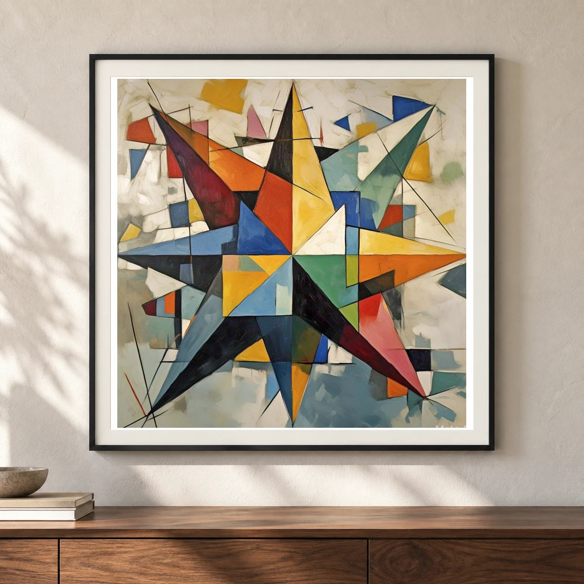 Fractured Symmetry Geometric Abstract Painting Featuring Fragmented IX shown in a styled interior