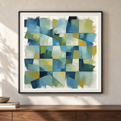 Geometric Rift Abstract Painting Geometric Shapes shown in a styled interior
