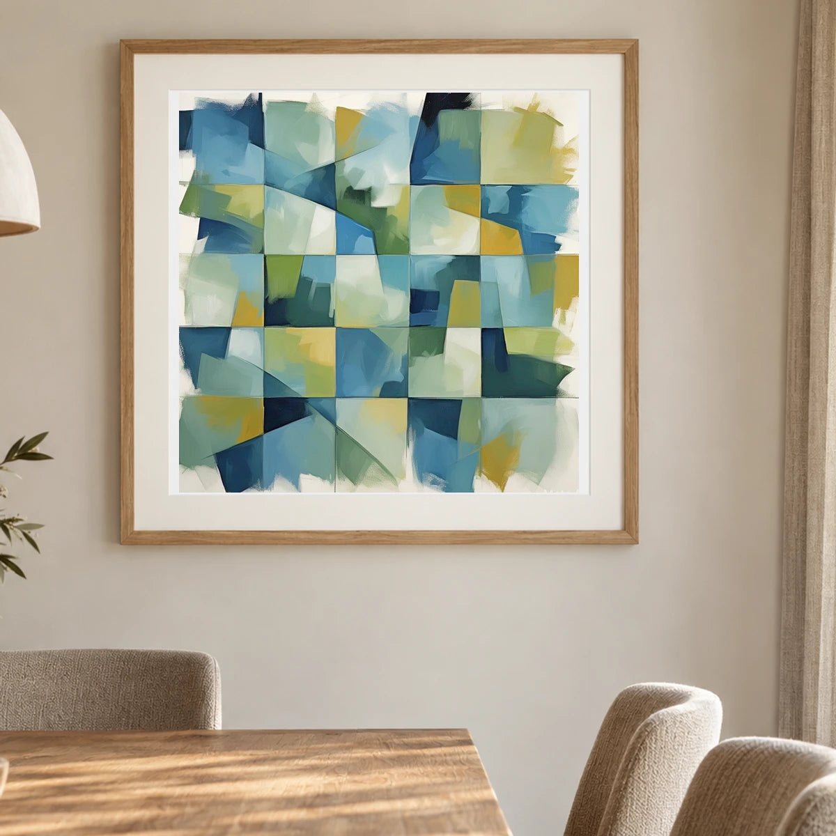 Geometric Rift Abstract Painting Geometric Shapes shown in a styled interior