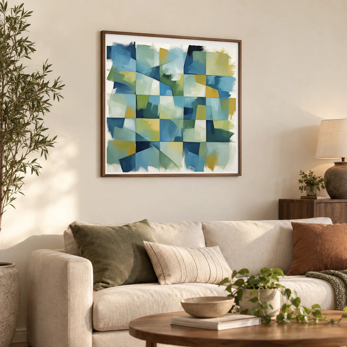 Geometric Rift Abstract Painting Geometric Shapes shown in a styled interior