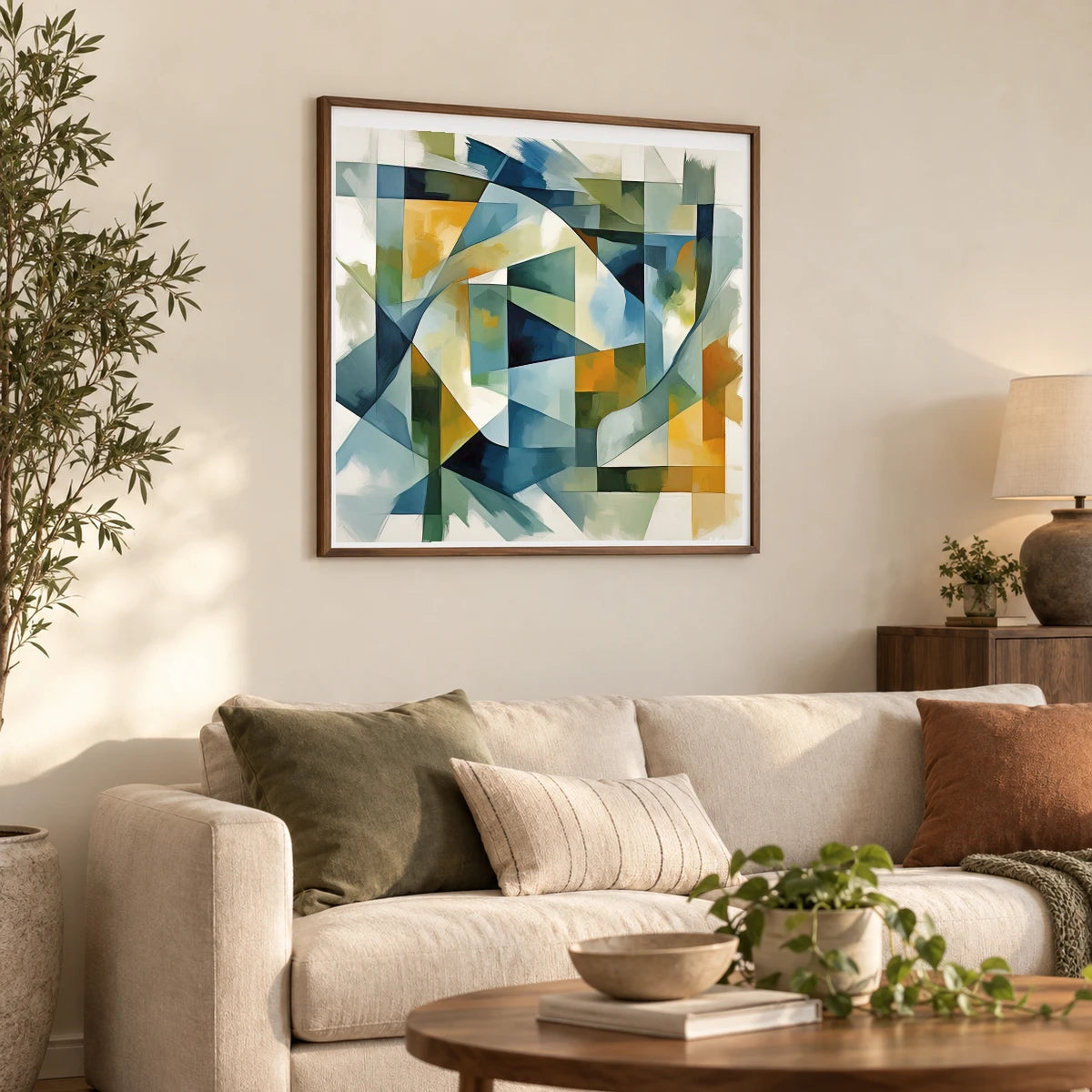 Geometric Rift Abstract Painting Geometric Shapes II shown in a styled interior