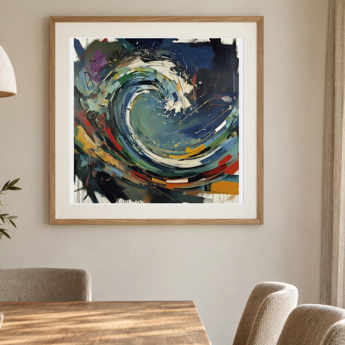 Luminescent Wave Abstract Expressionist Painting With Large shown in a styled interior