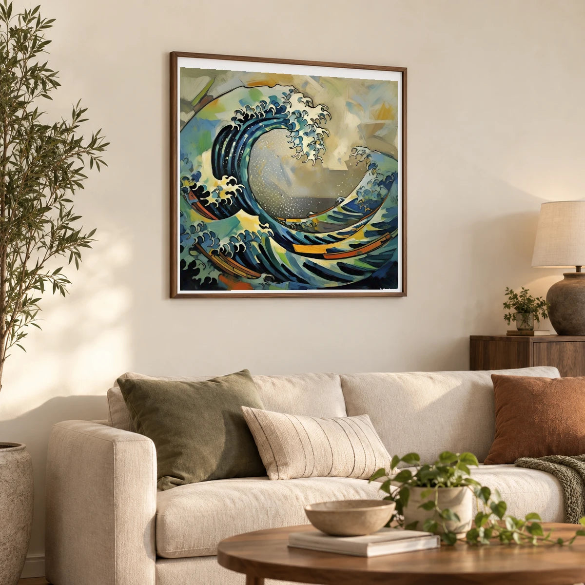 Luminescent Wave Abstract Expressionist Painting With Large V shown in a styled interior