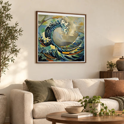 Luminescent Wave Abstract Expressionist Painting With Large V shown in a styled interior