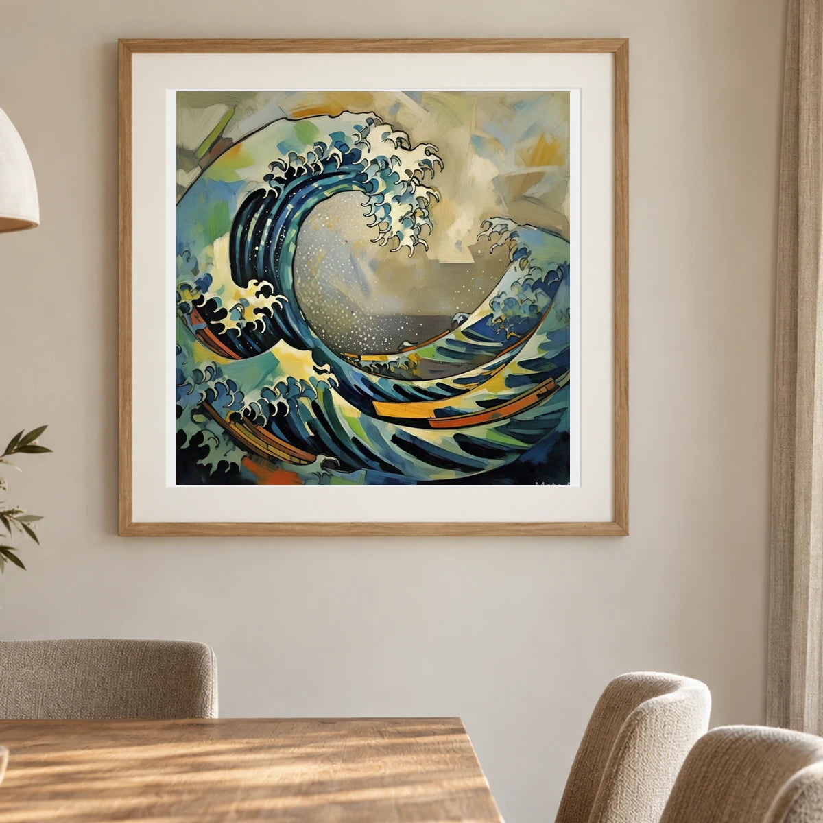 Luminescent Wave Abstract Expressionist Painting With Large V shown in a styled interior