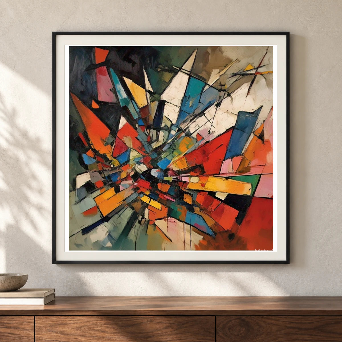 Shattered Prism Abstract Expressionist Painting With Large II shown in a styled interior