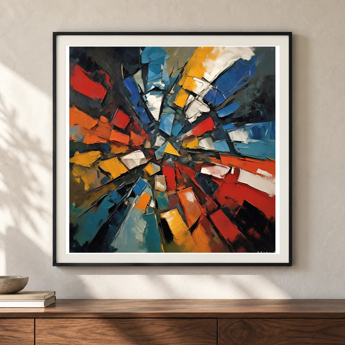 Shattered Prism Abstract Expressionist Painting With Large IV shown in a styled interior