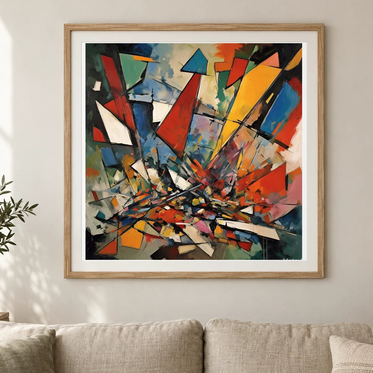 Shattered Prism Abstract Expressionist Painting With Large V shown in a styled interior