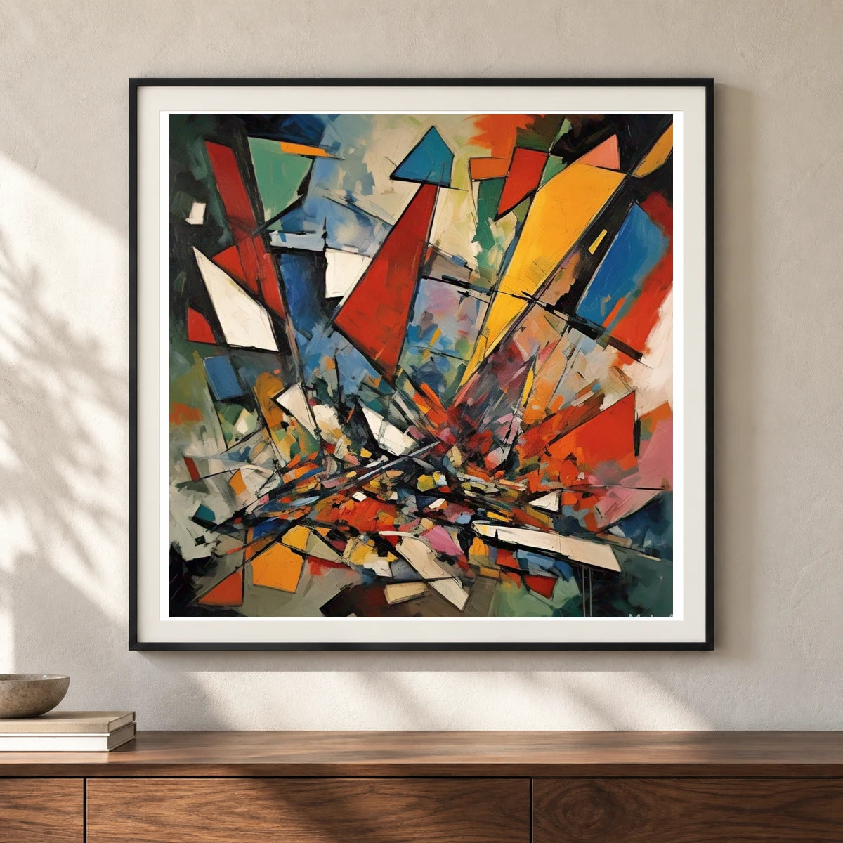 Shattered Prism Abstract Expressionist Painting With Large V shown in a styled interior