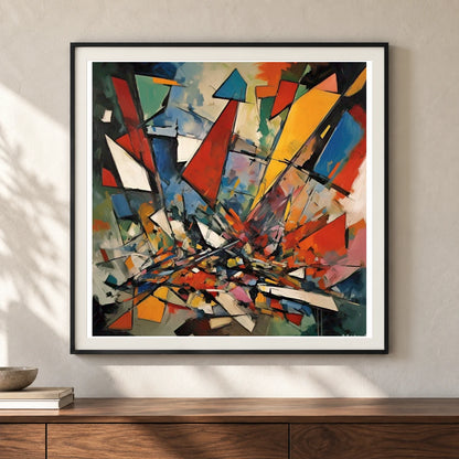 Shattered Prism Abstract Expressionist Painting With Large V shown in a styled interior