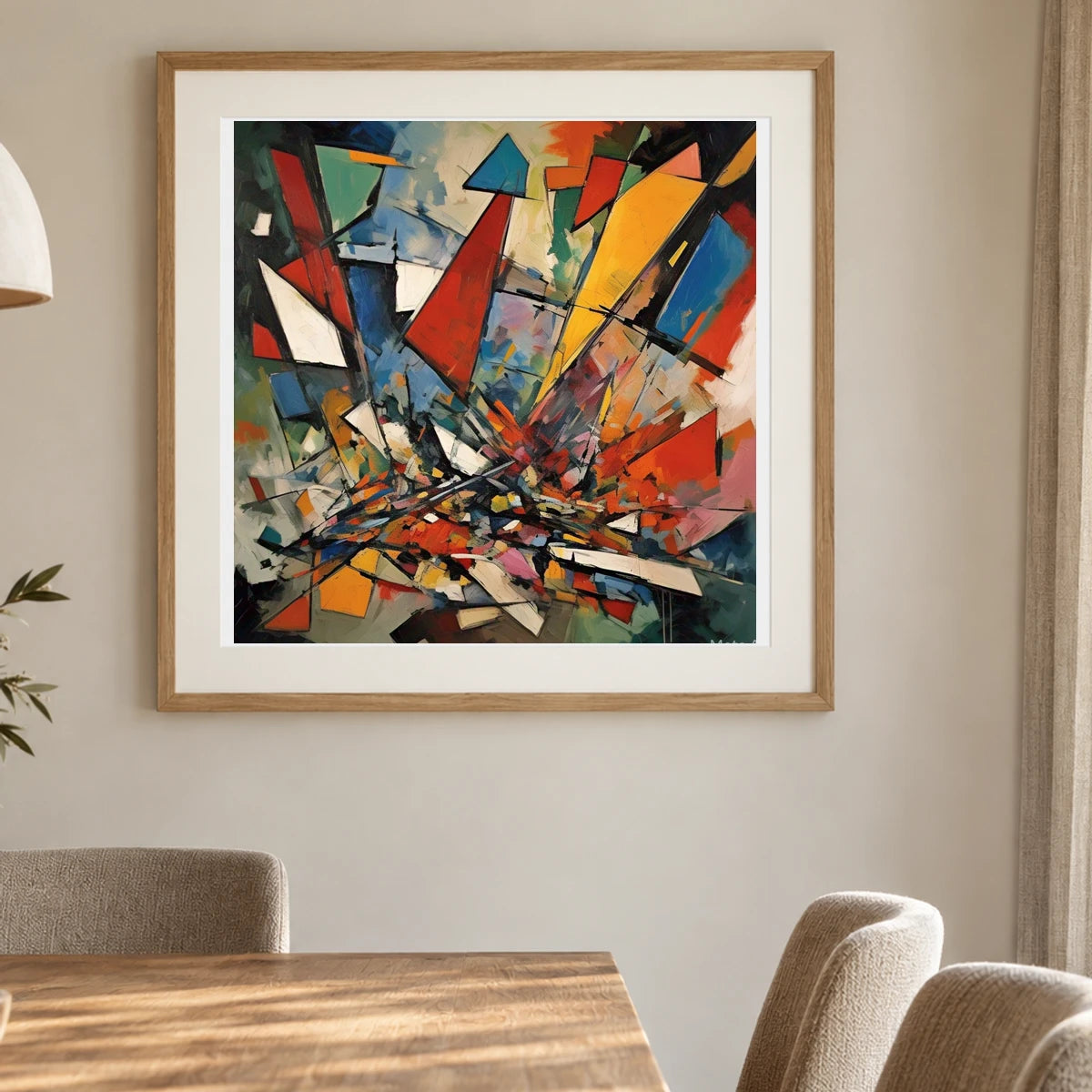 Shattered Prism Abstract Expressionist Painting With Large V shown in a styled interior