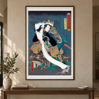 Actor Nakamura Shikan Iv As Shōgun Tarō Yoshikado (1862) By Utagawa Kunisada — Japanese Ukiyo-e shown in a styled interior