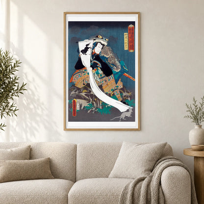Actor Nakamura Shikan Iv As Shōgun Tarō Yoshikado (1862) By Utagawa Kunisada — Japanese Ukiyo-e shown in a styled interior