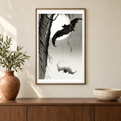 Bats Under The Full Moon (1900 1936) By Ohara Koson — Japanese Ukiyo-e shown in a styled interior