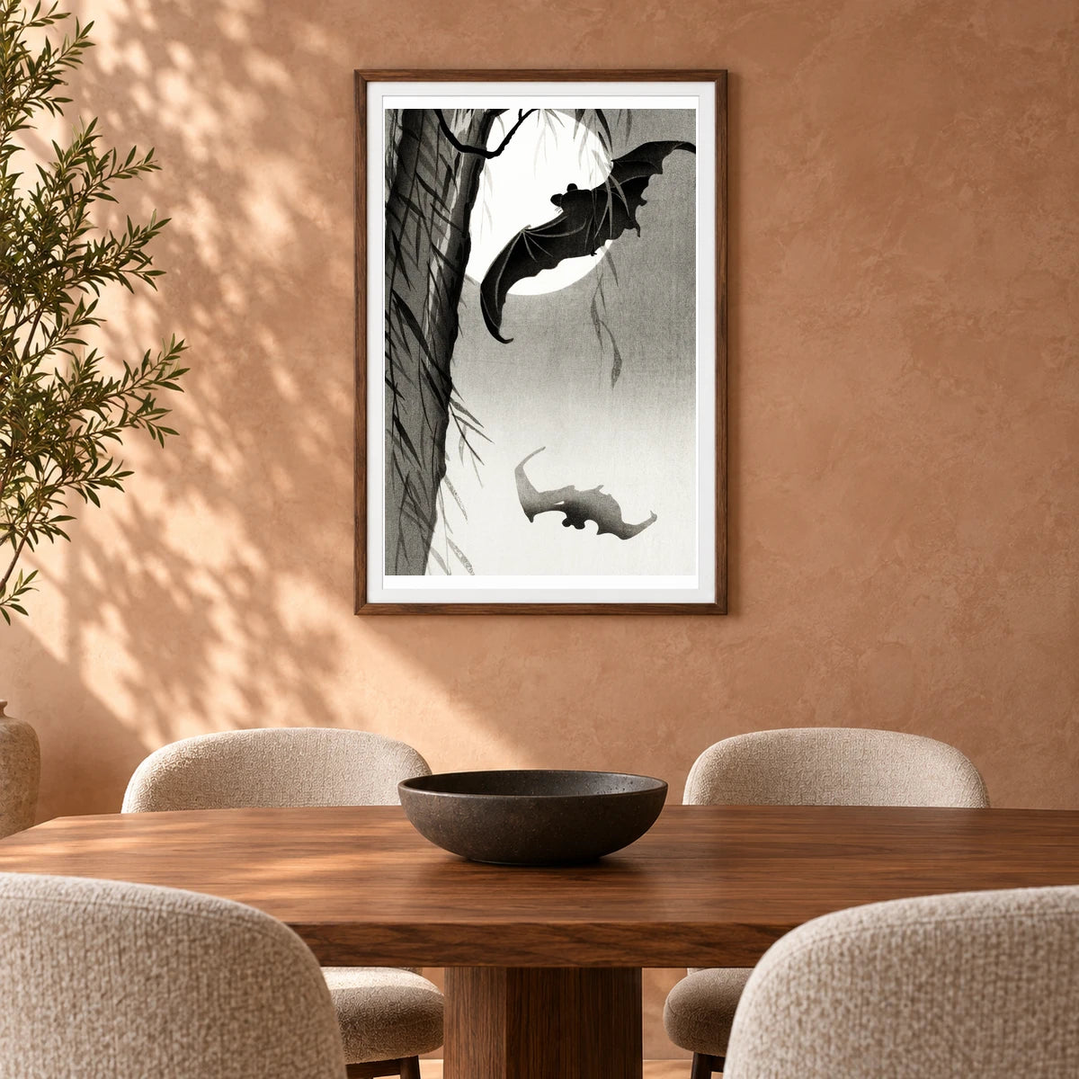 Bats Under The Full Moon (1900 1936) By Ohara Koson — Japanese Ukiyo-e shown in a styled interior