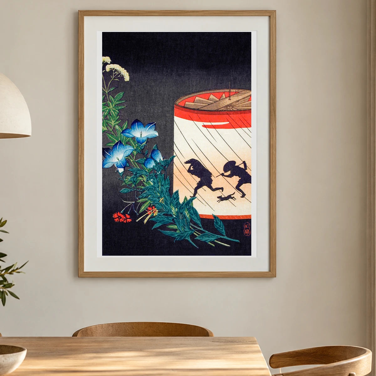 Bellflower And Lantern By Hiroaki Takahashi — Japanese Ukiyo-e shown in a styled interior
