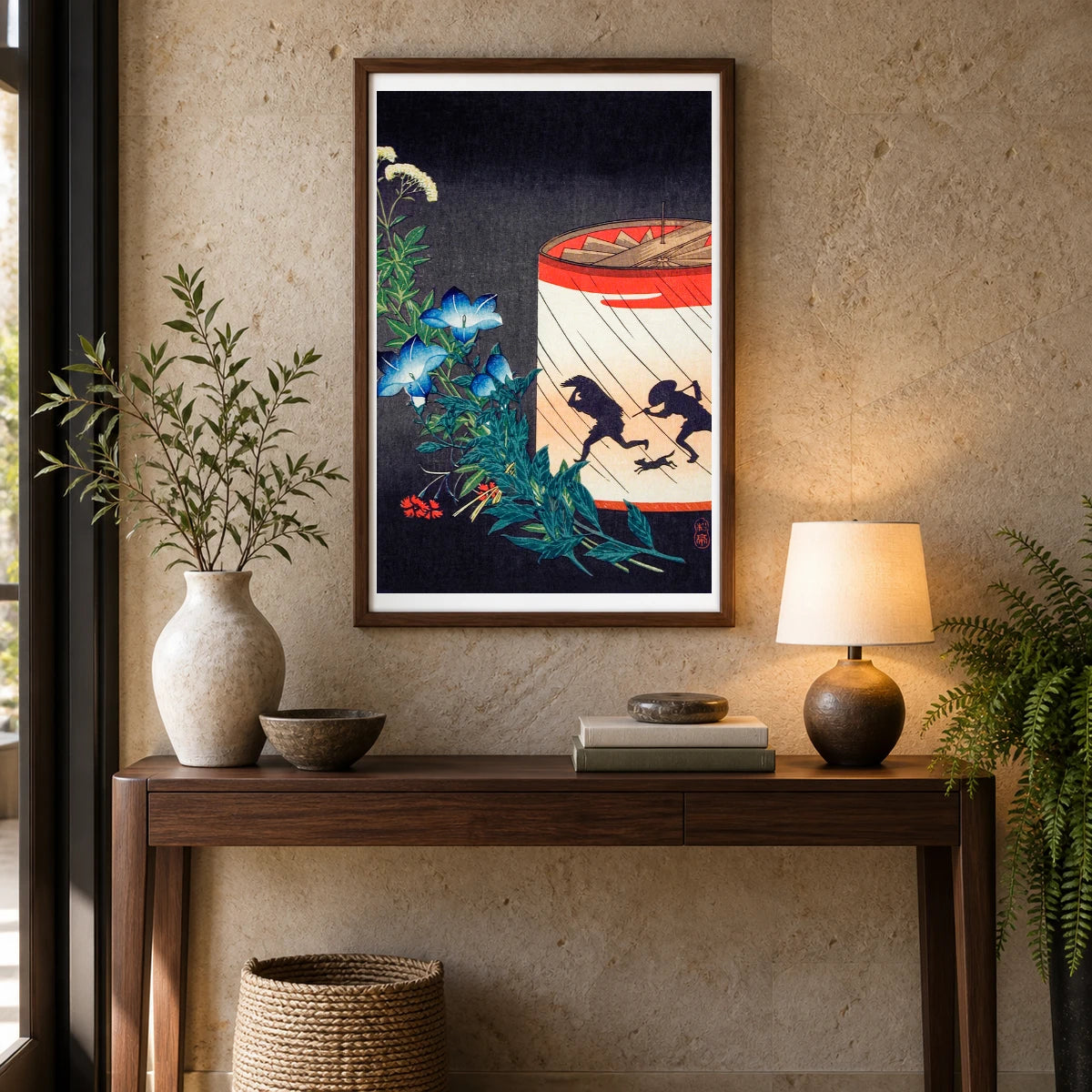 Bellflower And Lantern By Hiroaki Takahashi — Japanese Ukiyo-e shown in a styled interior