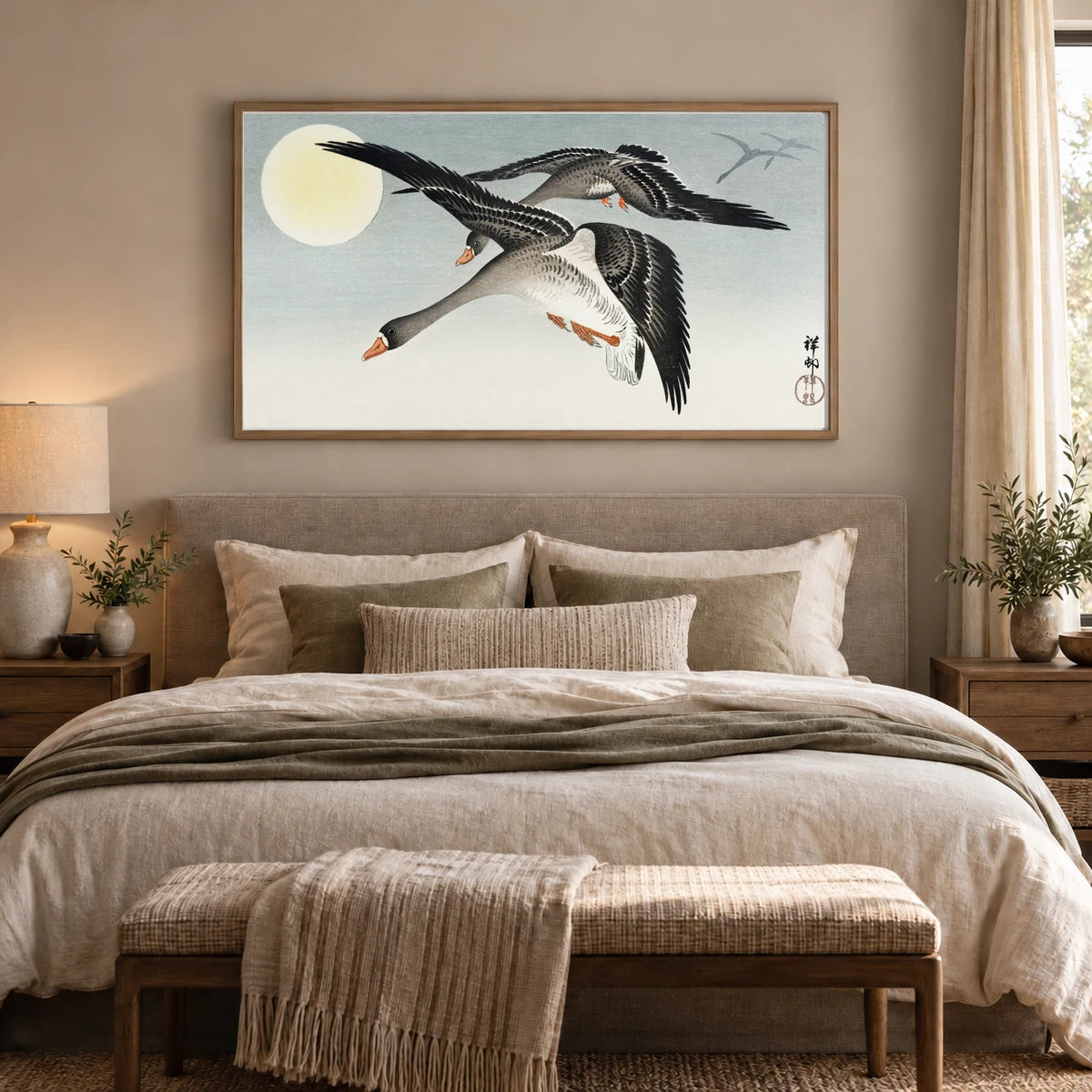 Birds At Full Moon (1900 1936) By Ohara Koson — Japanese Ukiyo-e shown in a styled interior