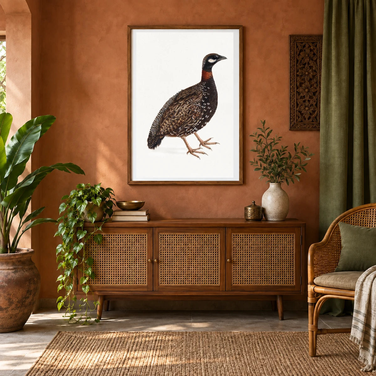 Black Partridge Bird (1800) Vintage Japanese Painting — Japanese Ukiyo-e shown in a styled interior