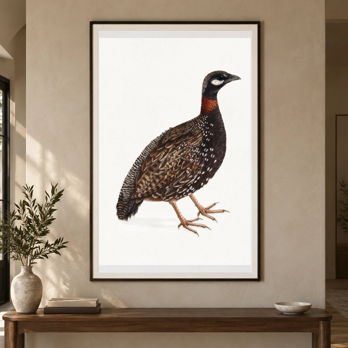 Black Partridge Bird (1800) Vintage Japanese Painting — Japanese Ukiyo-e shown in a styled interior