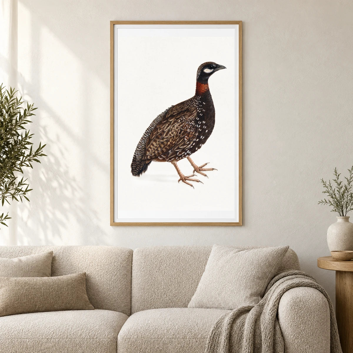 Black Partridge Bird (1800) Vintage Japanese Painting — Japanese Ukiyo-e shown in a styled interior